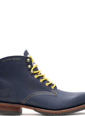 代购Wolverine男士工装靴透气耐磨防滑可换底深蓝色黄鞋带牛皮