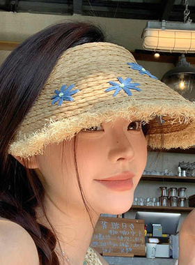 夏季帽子女款遮阳帽大檐毛边草帽花朵空顶太阳帽感防晒帽