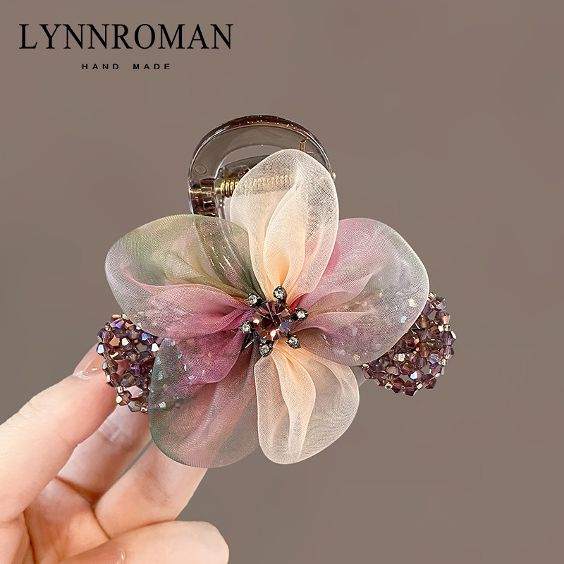 LYNNROMAN气质高级感绢纱花朵抓夹女中号发夹后脑勺半扎发鲨鱼夹