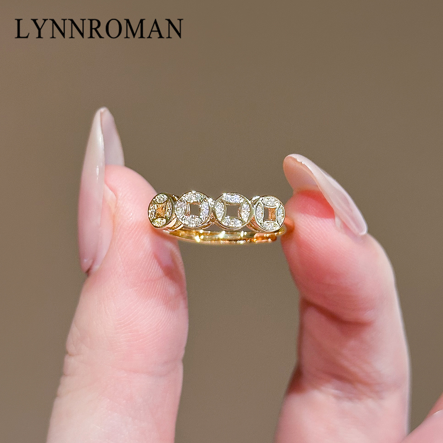 金色铜钱戒指女轻奢锆石