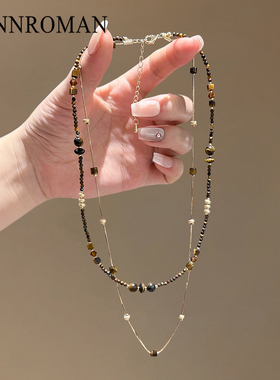 虎眼石串珠项链时尚女双层