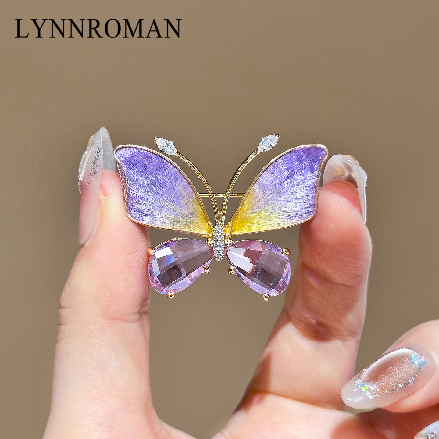 LYNNROMAN紫色蝴蝶胸针女小众非遗掐丝绒花工艺水晶水钻时尚胸花
