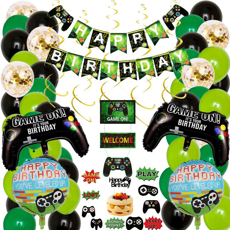 GAME ON视频游戏主题生日派对装饰游戏手柄铝箔气球蛋糕装饰插旗