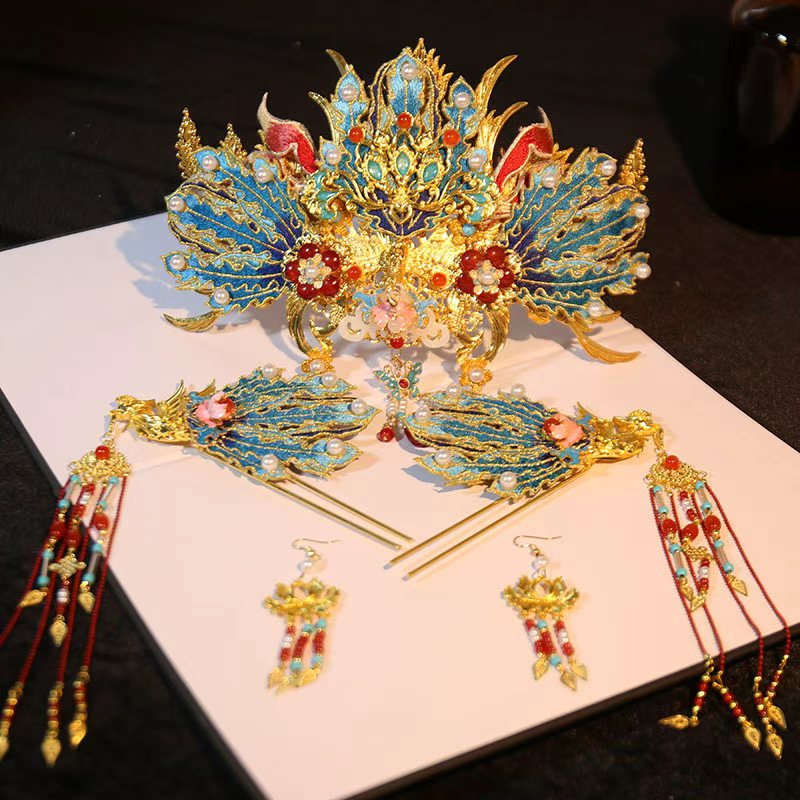 古风凤凰发冠套装 新娘汉服头饰流苏发簪步摇中式结婚礼
