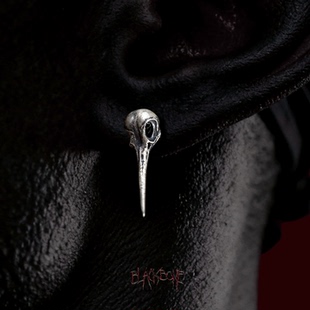 黑骨BLACKBONE S925纯银复古做旧蜂鸟头耳环暗黑骷髅男女情侣小众