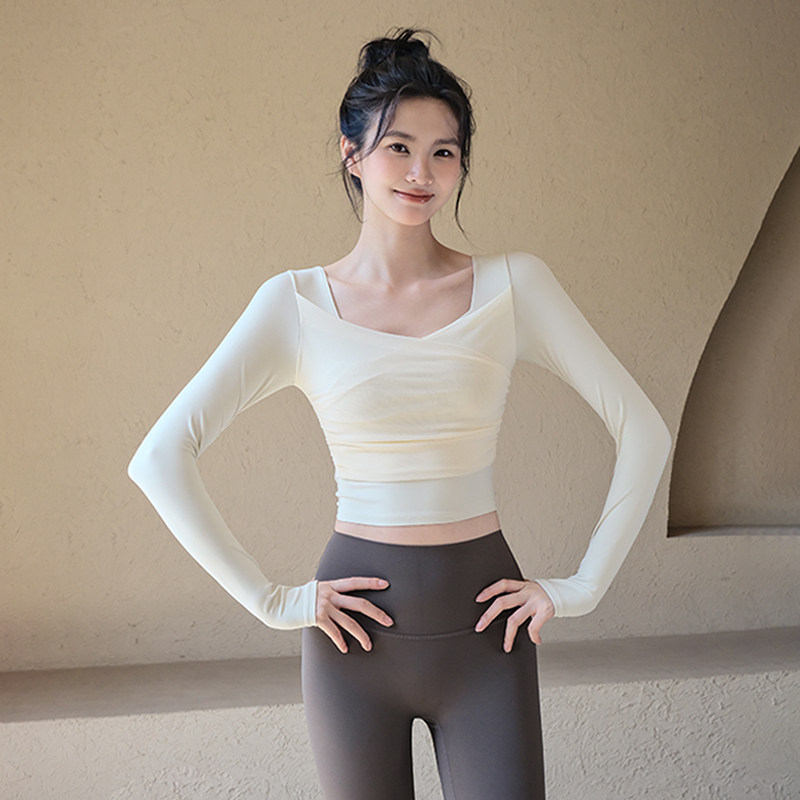 瑜伽服女秋季穿搭带胸垫运动上衣高颜值网纱长袖普拉提训练健身服