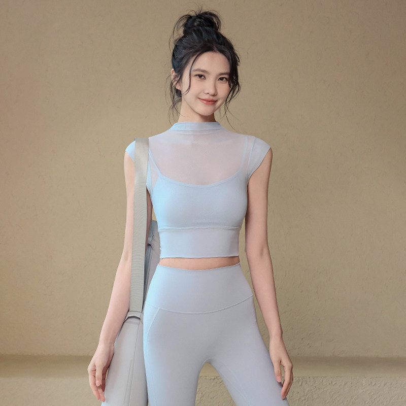瑜伽服套装女2026夏季新款带胸垫运动短袖气质网纱普拉提健身上衣