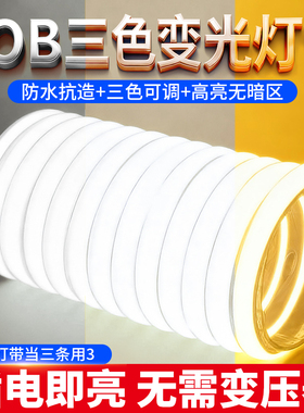 led客厅三色变光灯带COB灯带条室内吊顶天花板氛围超亮220v软灯条