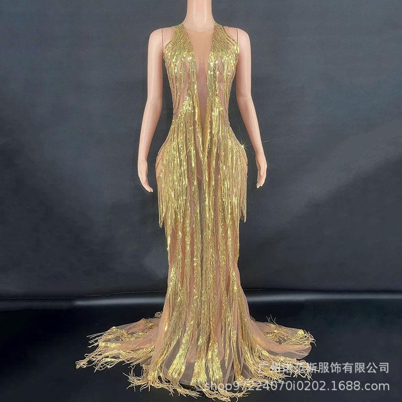 奢华金色流苏拖尾长裙成人模特走秀潮服演出服女歌手大气