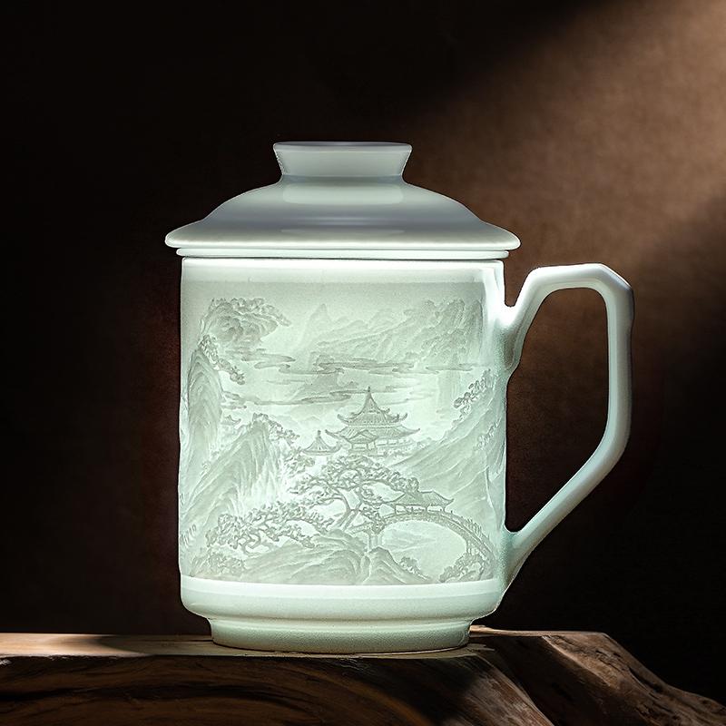 金镶玉办公杯景德镇影青瓷黄守良老师手作茶水分离泡茶杯高档礼品