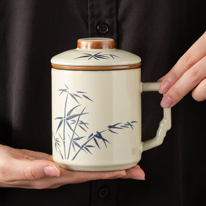 金镶玉吕承明老师手绘汝窑办公杯竹叶汝瓷开片可养泡茶杯茶水分离