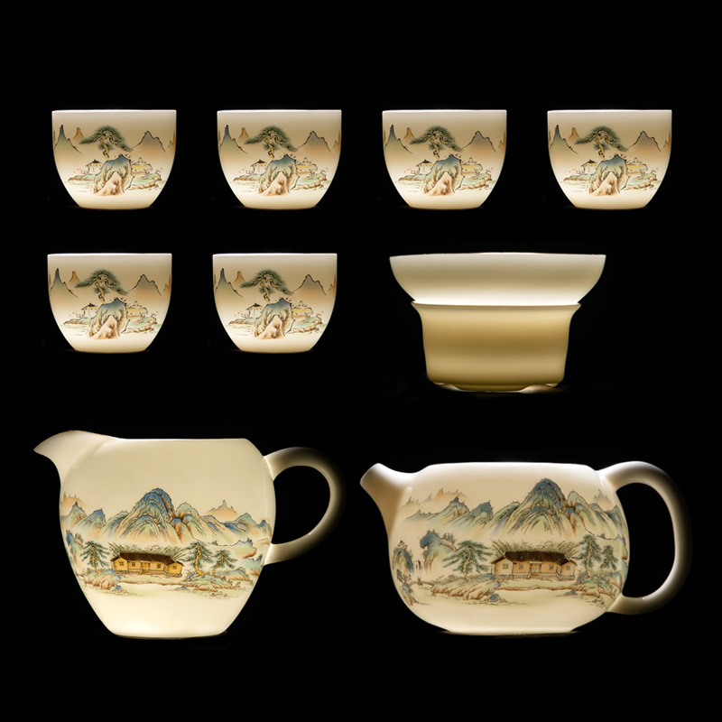 金镶玉茶具套装羊脂玉瓷墨韵山水9头茶具套装送长辈商务伴手礼物