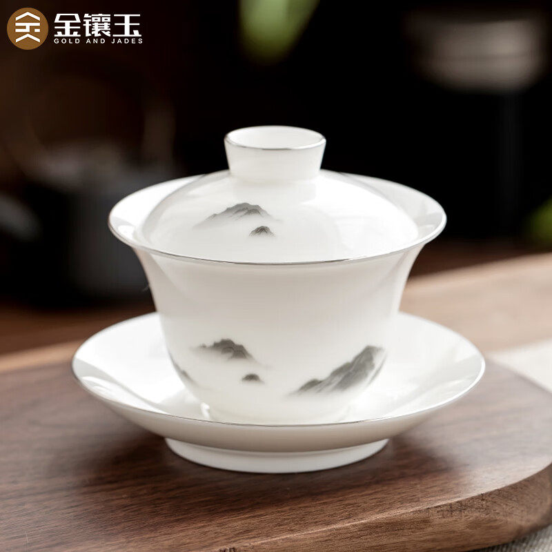 金镶玉手绘大号三才盖碗羊脂玉德化白瓷泡茶碗陶瓷功夫茶具茶杯