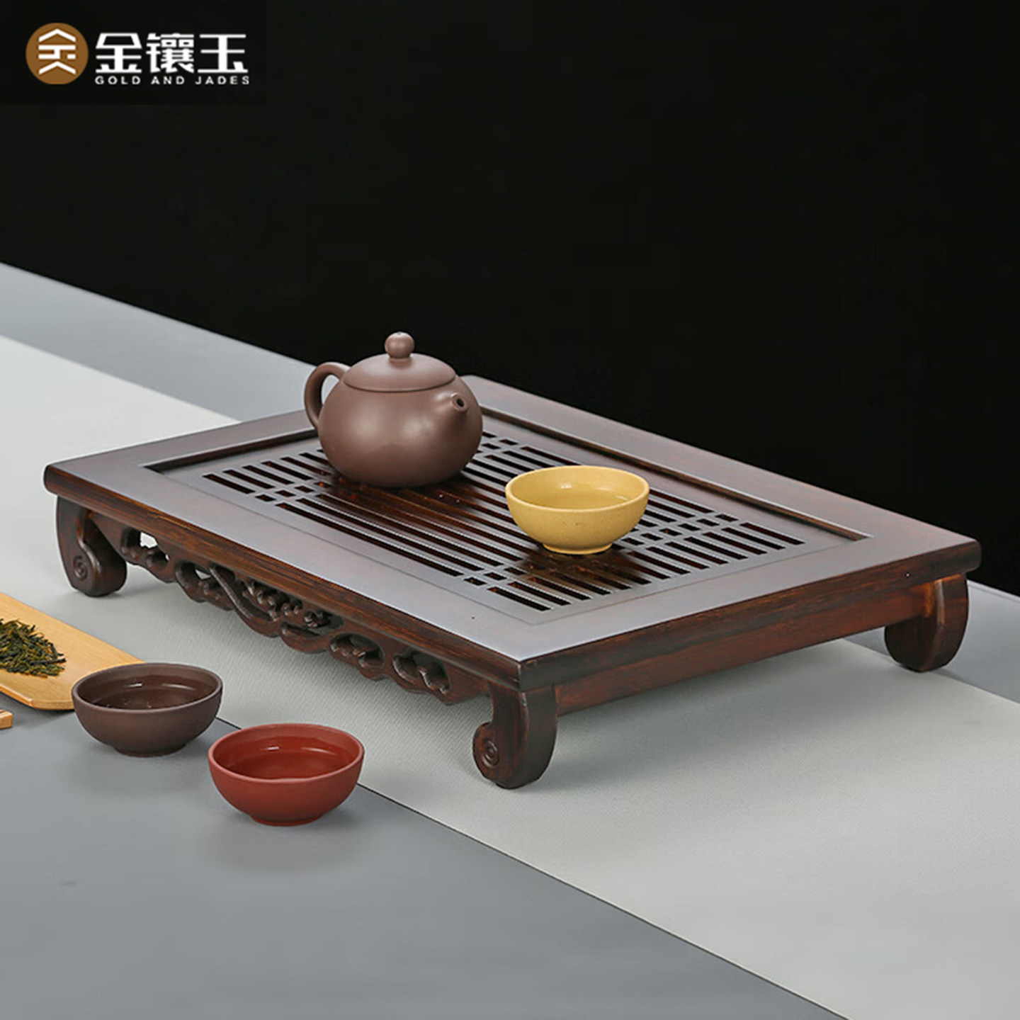 金镶玉茶盘茶托家用2026新款竹木抽屉式蓄水功夫茶台沥水盘茶具