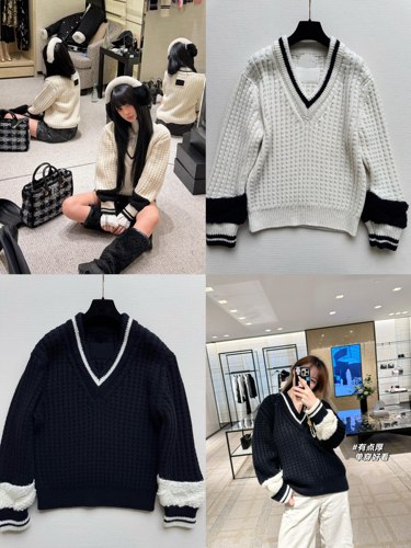 25N滑雪季V领长袖拼色针织衫女