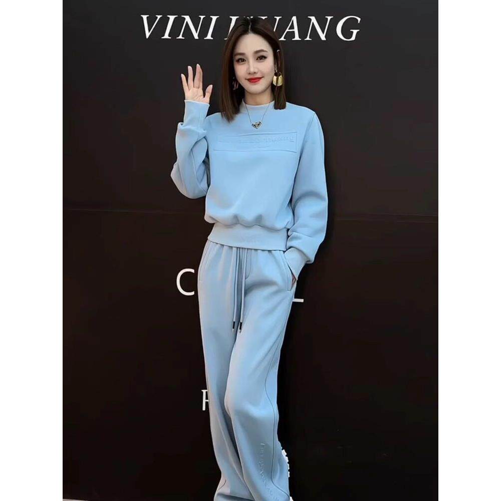 Supdorx蓝色运动套装女性秋季时尚减龄瘦身Look运动衫直筒裤两件