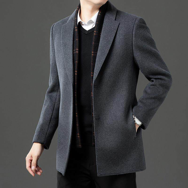 品牌春秋冬季中长款羊毛呢子大衣男流带围巾假两件西装领风衣外套