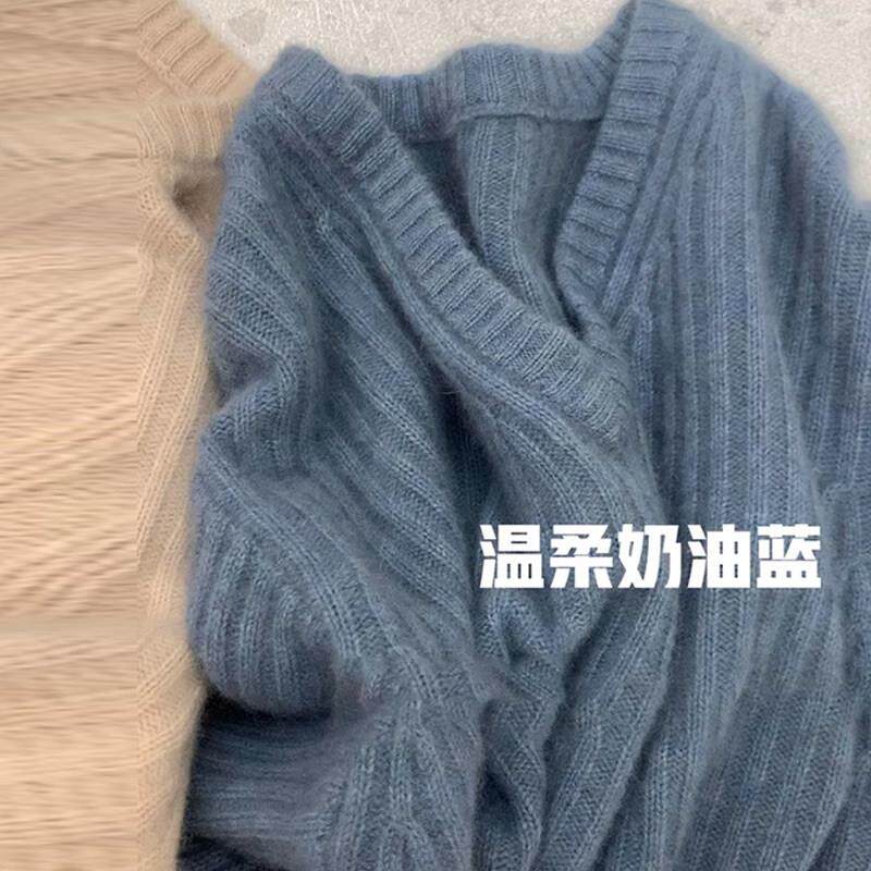 高级软糯蓝色v领毛衣女2026秋冬季新款加厚设计感小众针织衫上衣