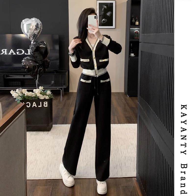 KAYANTY休闲运动套装女春秋季新款时尚V领显瘦卫衣阔腿裤两件套
