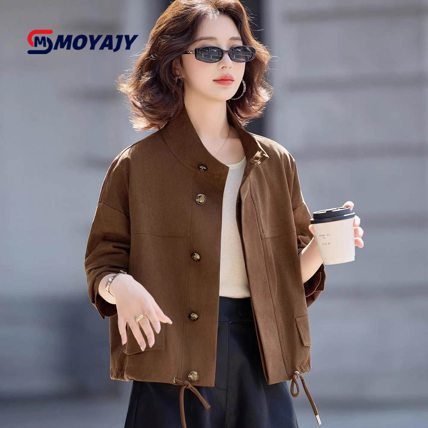 MOYAJY品牌复古外套女春秋高级感轻熟工装短款立领麂皮夹克上衣