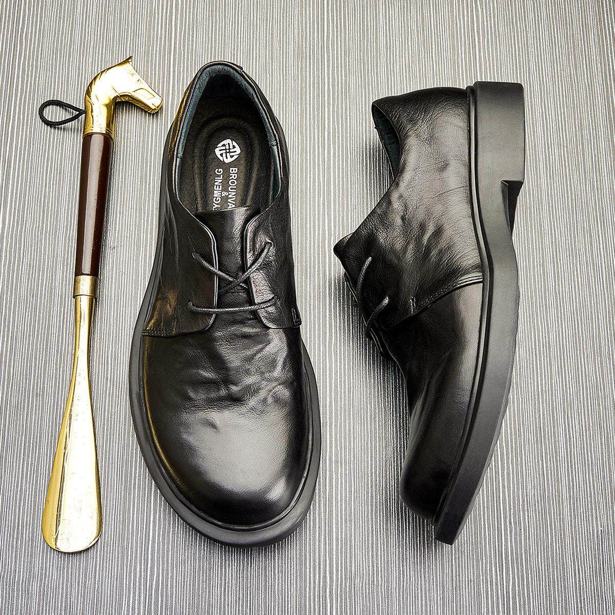 手工男鞋休闲皮鞋男夏英伦风真皮低帮系带鞋子透气圆头商务小皮鞋