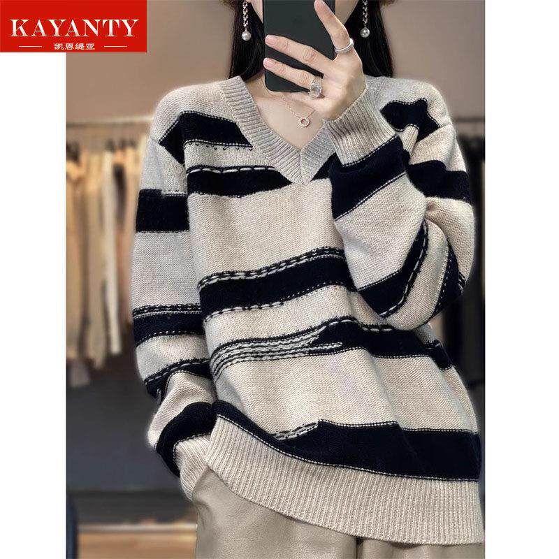 KAYANTY高级感V领100羊绒衫条纹拼色毛衣宽松撞色羊毛打底针织衫