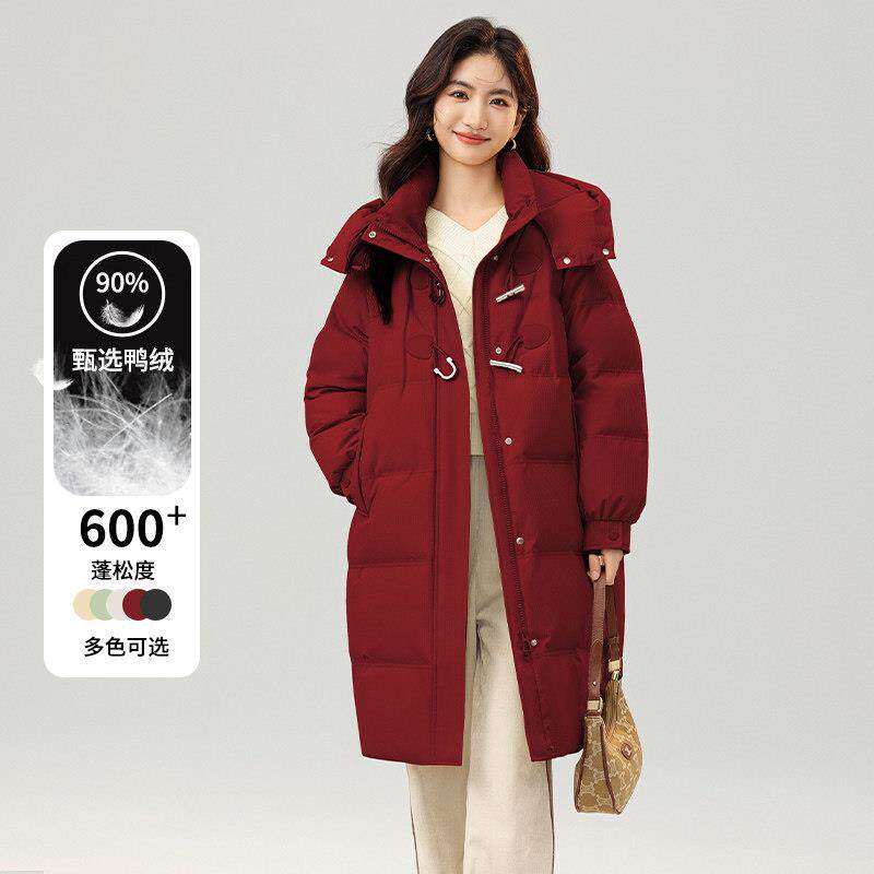 Capacity Kiss中长款红色加厚羽绒服女冬鸭绒连帽可脱卸外套宽松