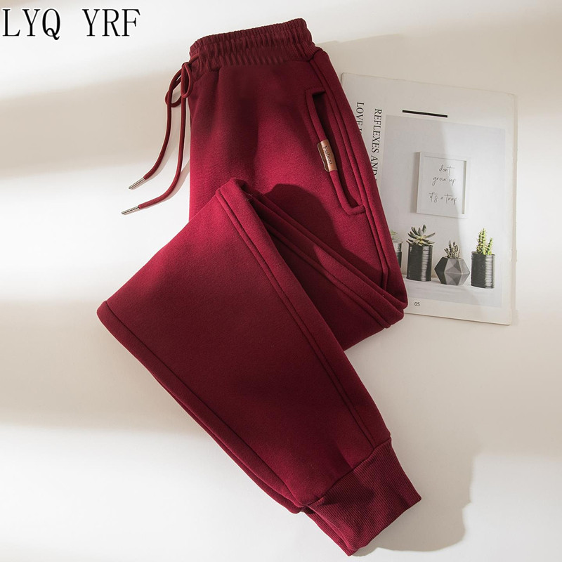Lyq yrf酒红色流行运动裤女秋冬加绒新款宽松小个子束脚休闲卫裤