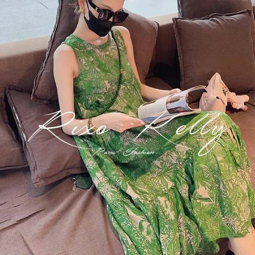 RIXO STREET法式减龄茶歇小香风绿色无袖印花连衣裙女新款气质裙