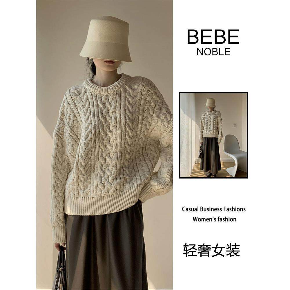 BEBE NOBLE圆领麻花纹手工棒针毛衣女2025秋冬季覆古休闲针织上衣,女装/女士精品,常规大码外套,淘宝优惠券,粉丝福利购,淘宝优惠卷