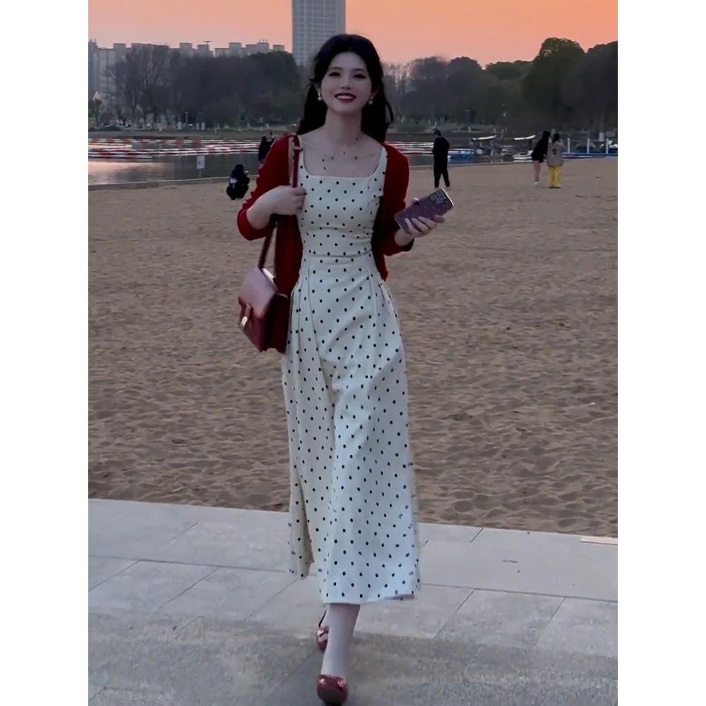 ROUJE LONDE法式波点吊带连衣裙女士夏季穿搭一整套显瘦气质长裙