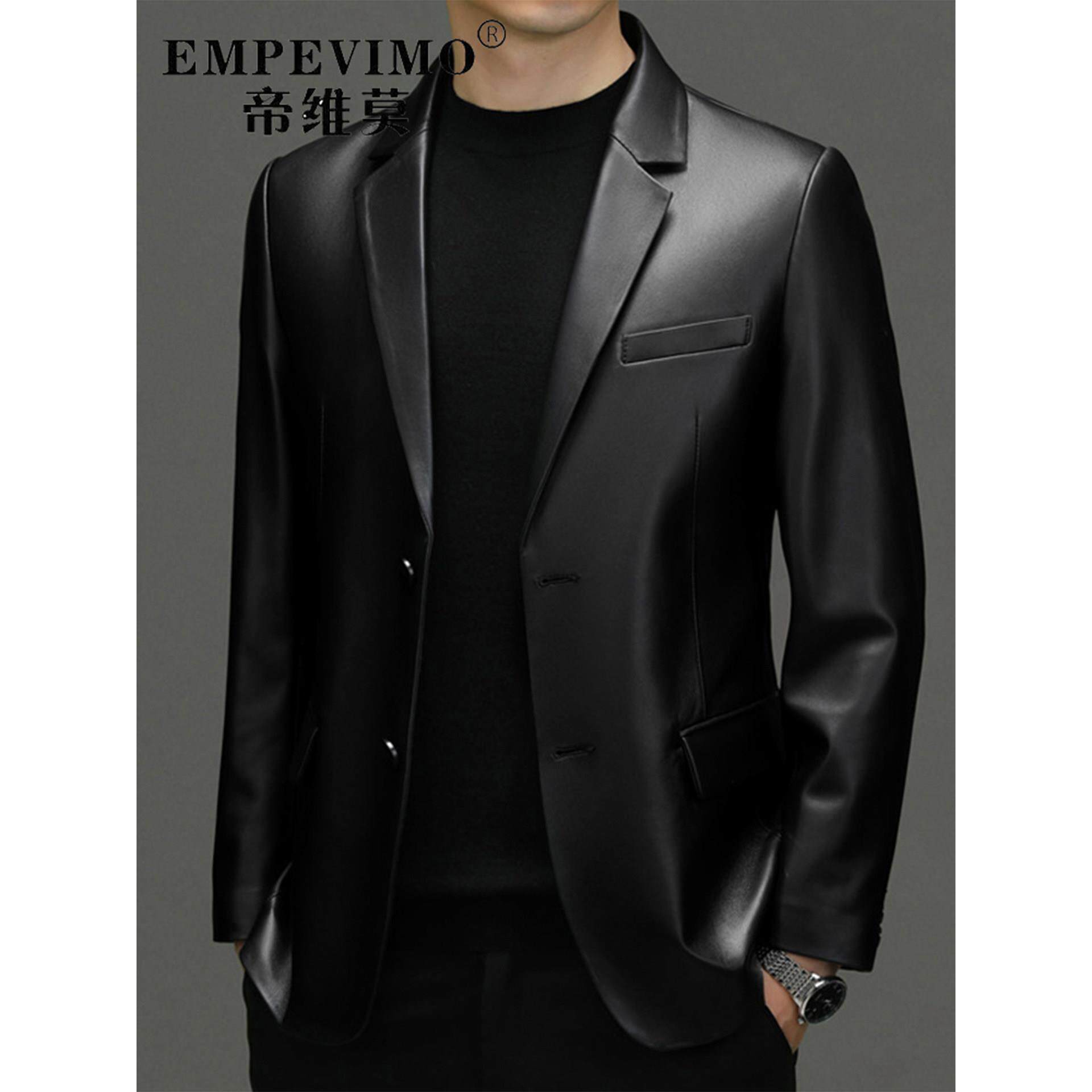 帝维莫高级感冬季新款海宁绵羊皮西服男士真皮皮衣商务皮夹克外套
