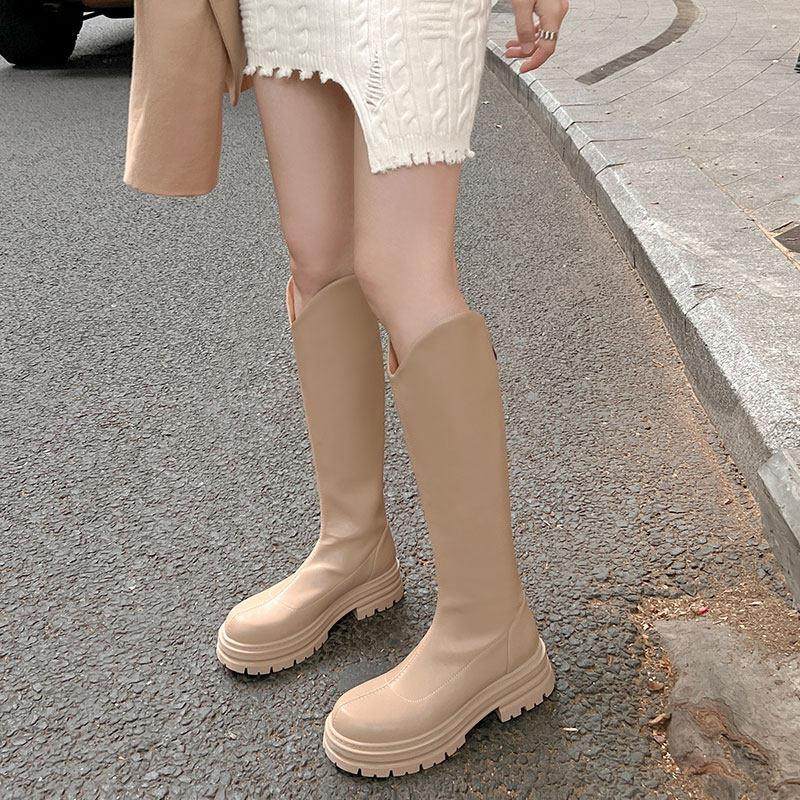 hunnz2025长靴女厚底小个子粗腿加大筒围显瘦V口高筒骑士靴奶茶色,女鞋,时装靴,淘宝优惠券,粉丝福利购,淘宝优惠卷