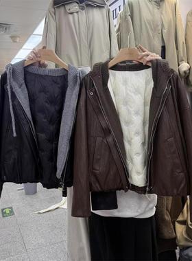 LILY MOST假两件连帽羽绒皮衣外套女2025冬季新款覆古保暖上衣