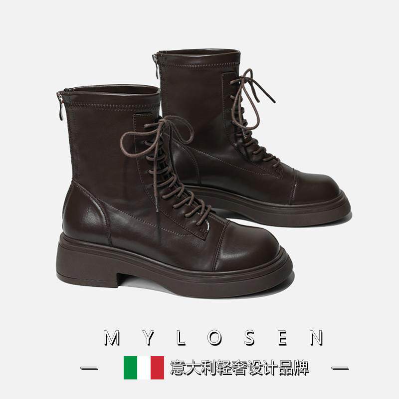 MYLOSEN 2025春秋马丁靴女百搭西部靴英伦风黑色靴子时尚女士短靴