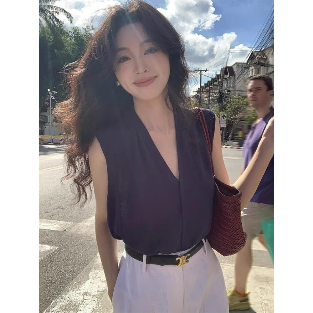 ROUJE LONDE法式v领针织坎肩背心女夏季气质高级感亚麻无袖上衣