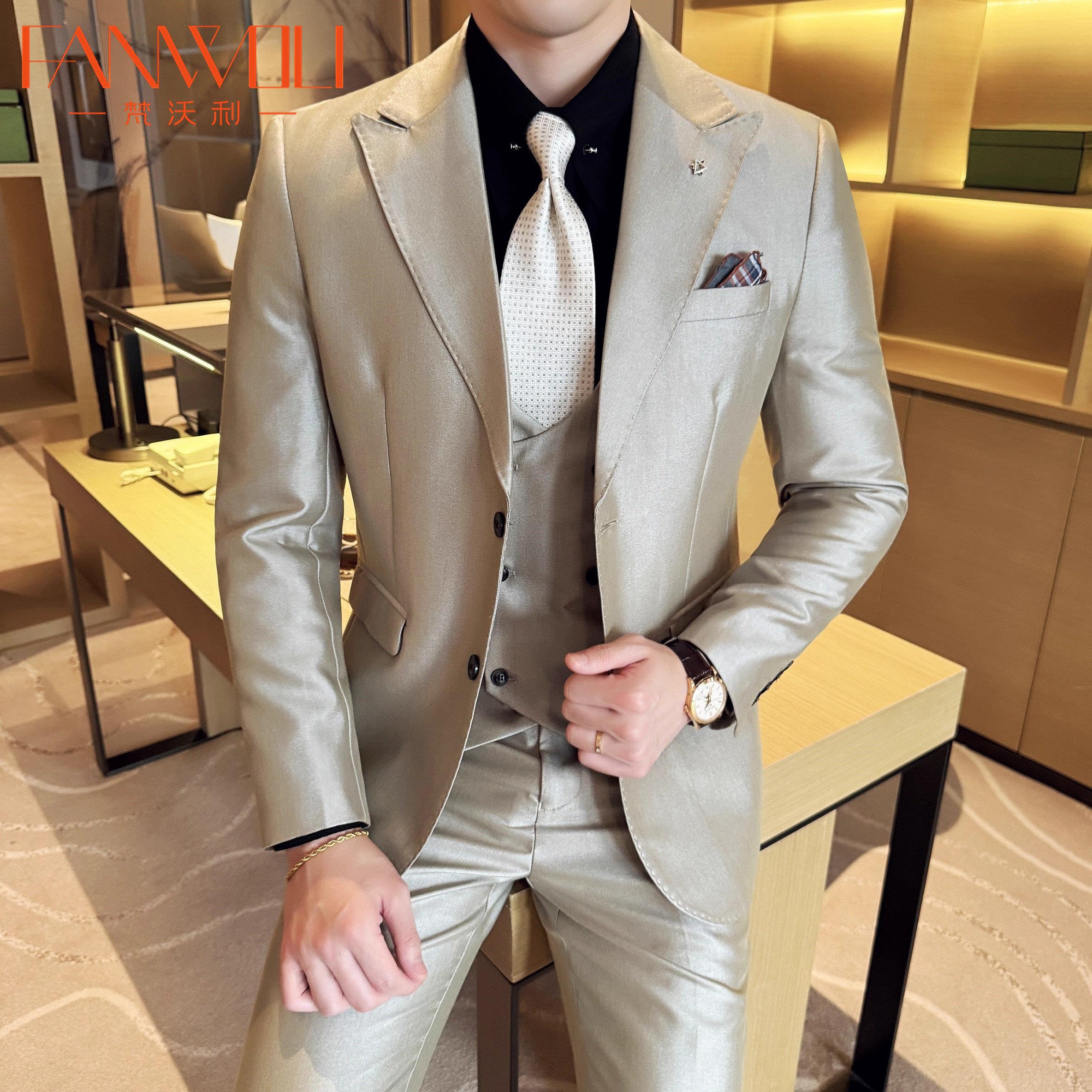梵沃利老钱风休闲西服男秋冬款光亮版宴会礼服新郎结婚西装三件套