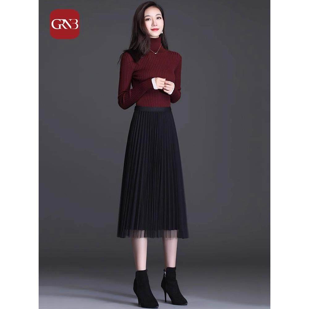 GRNB春秋显瘦半身裙女新款网纱百褶裙松紧腰中长款冬季毛呢A字裙