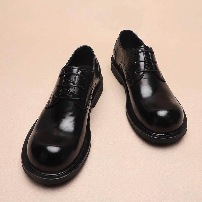 商务休闲男皮鞋时尚百搭舒适透气潮流真皮厚底韩版系带黑色英伦风