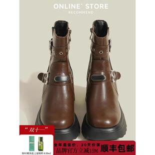 STXT马丁靴女2025秋季新款内增高10公分覆古英伦风厚底真皮短靴