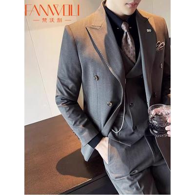 梵沃利高档加厚暗条纹西服男秋冬通勤职业西装外套新郎婚礼三件套