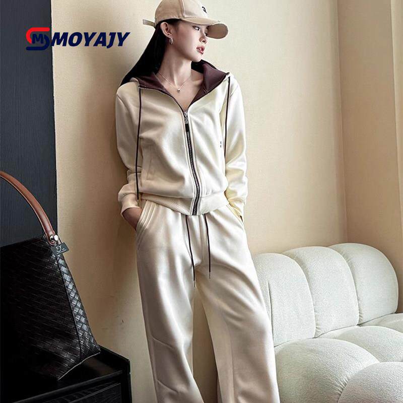 MOYAJY品牌休闲运动套装女秋冬季加绒加厚慵懒风卫衣卫裤两件套