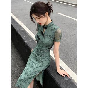 ROUJE LONDE新中式网纱印花连衣裙女绝美高级感改良旗袍开叉长裙
