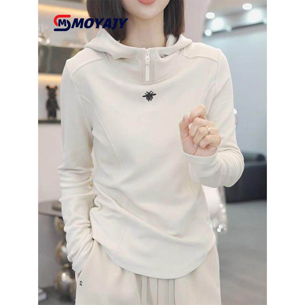 MOYAJY品牌白色德绒连帽卫衣女2025春秋冬新款大码洋气刺绣上衣
