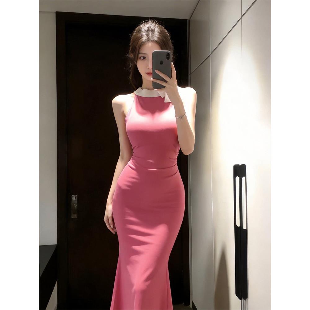 ROUJE LONDE御姐穿搭无袖撞色拼接绝美连衣裙女高级感包臀鱼尾裙