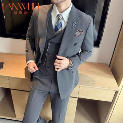 梵沃利暗条纹双排扣青果领男商务休闲修身西装外套新郎结婚礼服