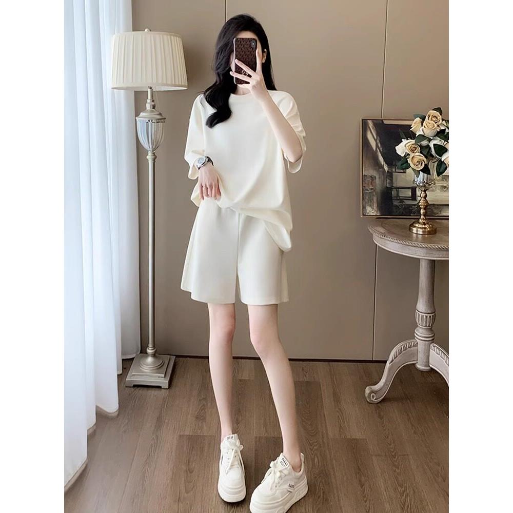 SUPDORX~法式高级休闲运动套装女夏宽松慵懒风短袖高腰短裤两件套