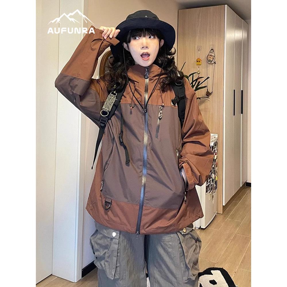 AUFUNRA美式山系冲锋衣女秋冬防风防水徒步进藏登山服宽松夹克潮