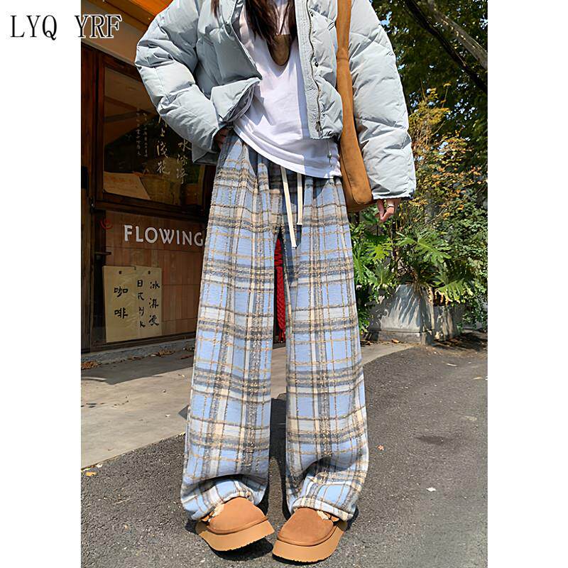Lyq yrf秋冬季高腰咖色复古毛呢格子裤女加绒加厚直筒休闲阔腿裤