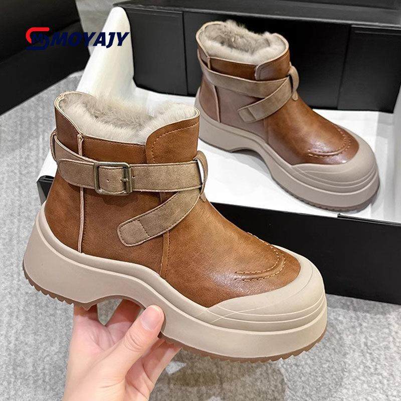 MOYAJY品牌厚底雪地靴女款冬季保暖棉鞋加绒加厚真皮马丁短靴子